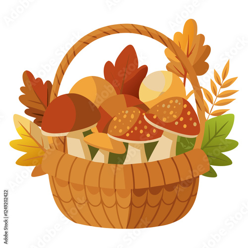 A wicker basket brimming with various autumn mushrooms, surrounded by vibrant leaves. Freshly picked, these mushrooms showcase the beauty of the fall season