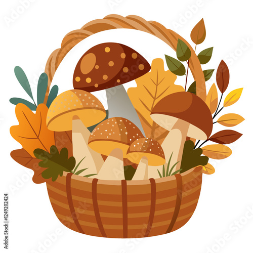 A wicker basket filled with freshly picked autumn mushrooms rests amid colorful leaves. The warm hues of fall highlight the seasonal bounty and nature's beauty in this cozy setting