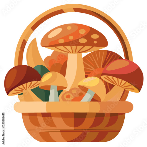 Brightly colored autumn mushrooms fill a wicker basket, freshly foraged from the forest floor. The collection showcases the beauty of fall's harvest
