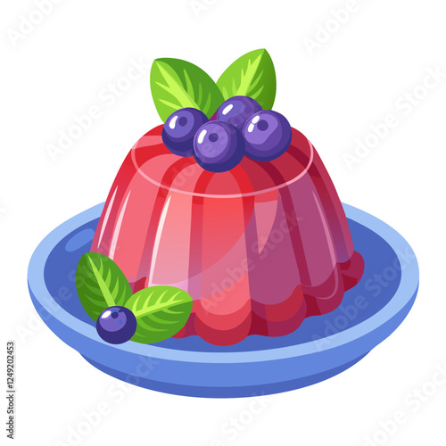 A vibrant dome-shaped berry jelly dessert sits on a blue plate. Topped with fresh blueberries and mint leaves, it showcases a delightful burst of color, perfect for any sweet occasion