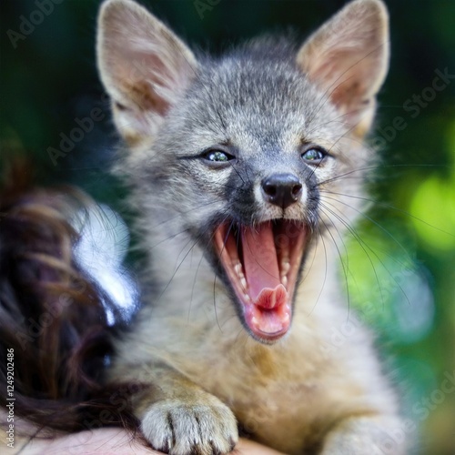 Photography Fox Kit Yawning: Adorable fox kit yawning, captured in vivid detail, great for wildlife rescue and rehabilitation centers