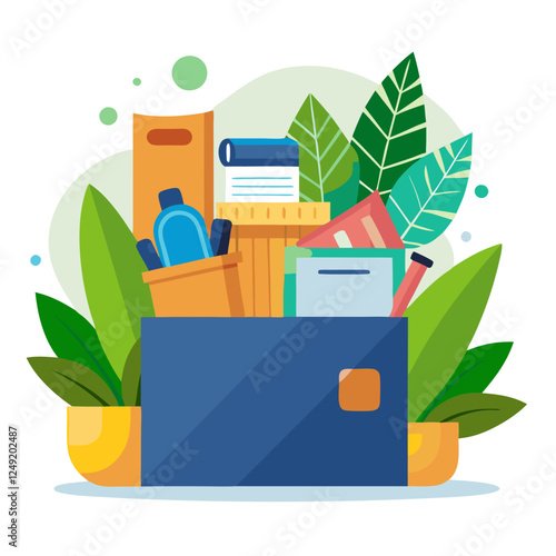 A cardboard box filled with office supplies and personal belongings sits surrounded by green plants. Items include notebooks, pens, and various office tools, indicating a recent move or declutter