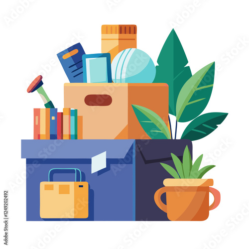 Cardboard boxes filled with office supplies, personal items, and plants are neatly arranged for moving or organizing a workspace. This setup indicates preparation for change