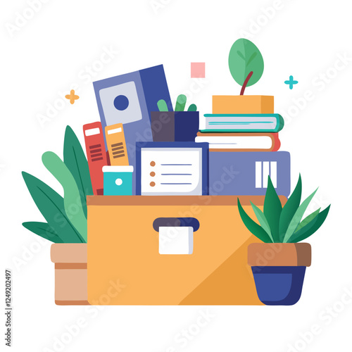 Cardboard box filled with various office supplies including files, books, and stationery sits among potted plants, indicating a need for organization or storage