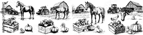 Modern hand-drawn set featuring a rural landscape with farm animals and tools