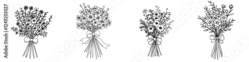 Gift bouquet of flowers line art featuring rose and daisy. The floral present comes in a package tied with a bow. Hand-drawn modern doodle illustration in an outline style