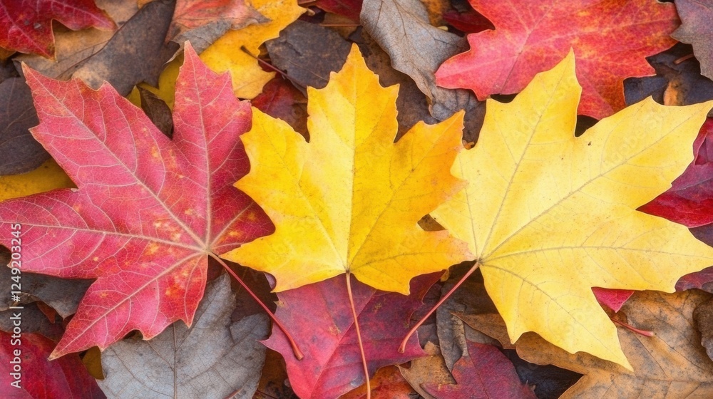 Colorful Autumn Leaves on Ground in Vibrant Natural Scene Colorful Autumn Leaves on Ground in Vibrant Natural Scene