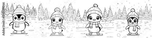 A charming outline of a penguin ice skating, perfect for coloring. It's a festive Christmas and Winter illustration