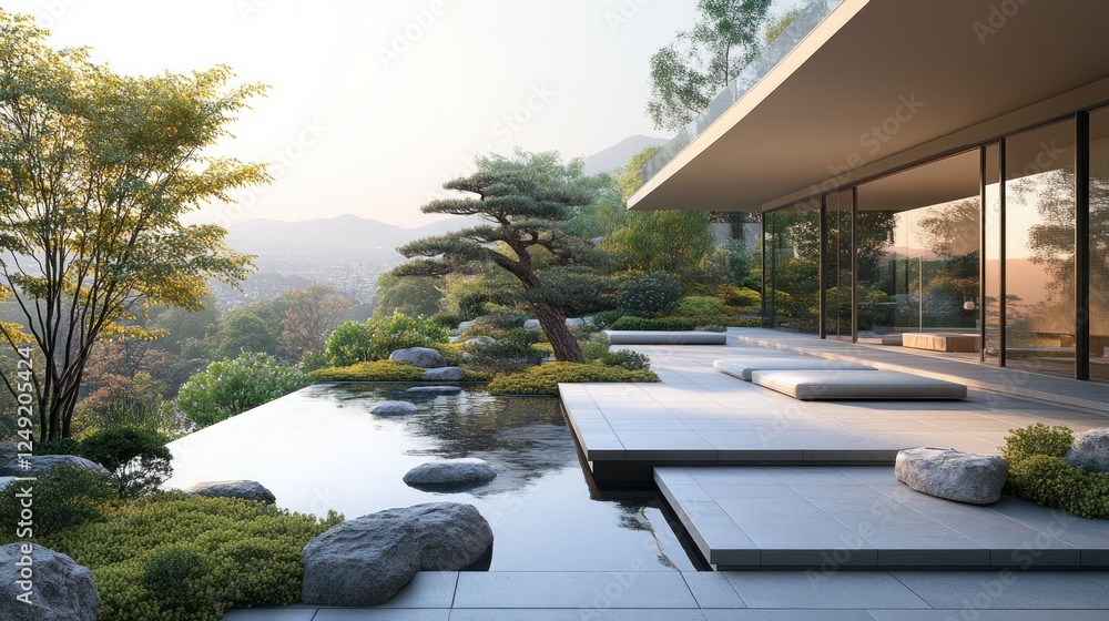Fototapeta premium Zenith Serenity: Modern Minimalist Home with Tranquil Japanese Garden