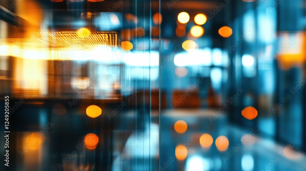 Fototapeta premium Abstract blurry image of a modern office interior at night, showcasing warm and cool lighting effects through glass panels.