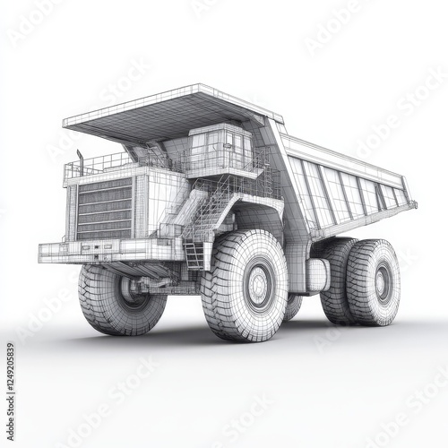3D Wireframe Mining Truck Against White Background