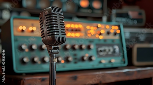 A vintage microphone setup in an old radio station, with glowing tube amplifiers and analog control panels