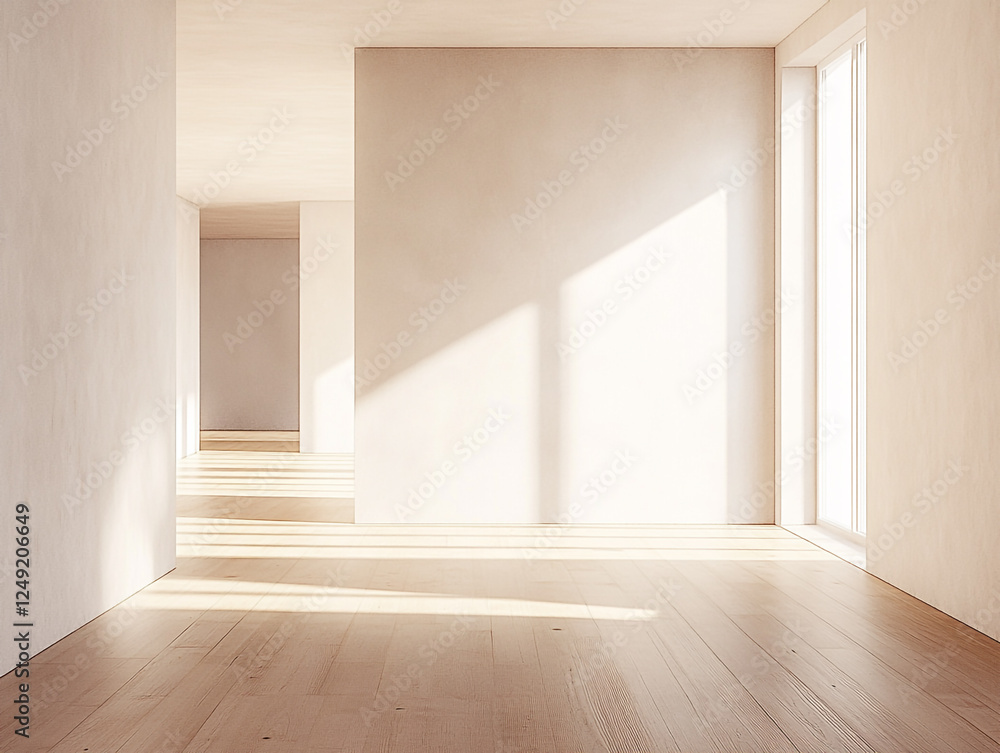 Fototapeta premium A bright, empty room with wooden floors, large windows, and sunlight streaming in, creating shadows on the floor and walls. 