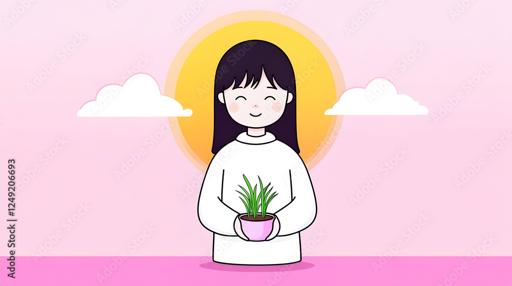 Pixel Art Girl Holding Plant In Sunrise Setting Pixel Art Girl Holding Plant In Sunrise Setting