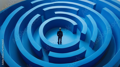 A person standing in the center of an intricate blue maze, symbolizing navigating complex challenges and personal growth