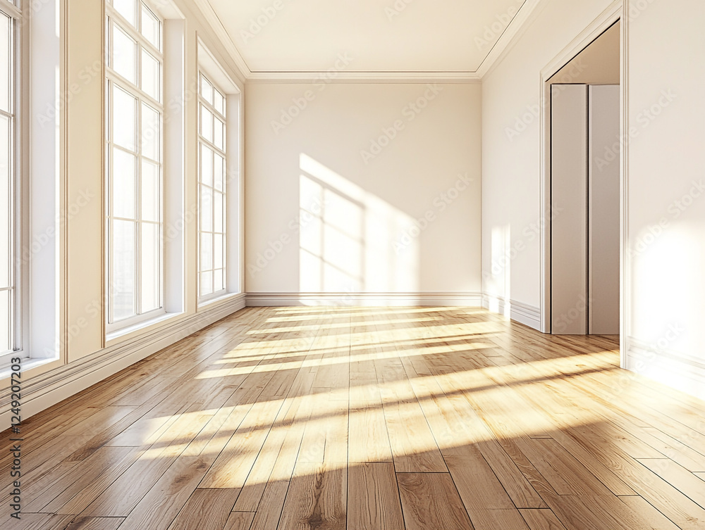A bright, empty room with wooden floors, large windows, and sunlight streaming in, creating shadows on the floor and walls.
A bright, empty room with wooden floors, large windows, and sunlight streaming in, creating shadows on the floor and walls.