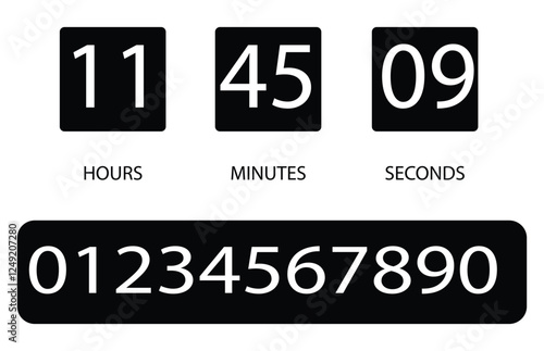 Flip countdown clock counter timer. Vector time remaining count down flip board with scoreboard of day, hour, minutes and seconds for web page upcoming event template design, under  construction page.