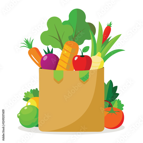 Grocery Bag Filled with Fresh Produce: Colorful Vector Illustration of Healthy Fruits & Vegetables for Food Blog or Recipe Site