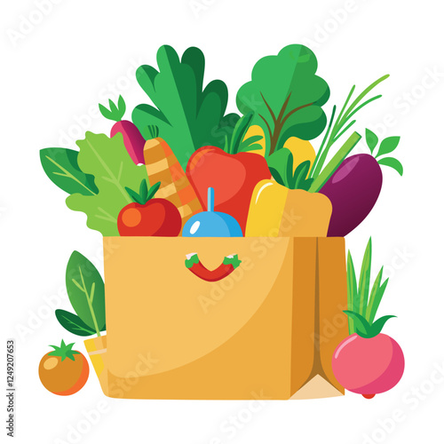 Cartoon Grocery Bag Filled with Fresh Vegetables: Healthy Eating, Produce, Vegan, Vegetarian, Colorful Illustration