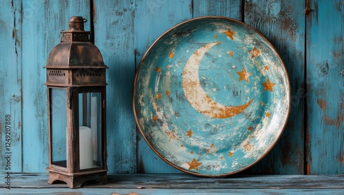 Rustic lantern, moon plate, blue wood, Ramadan d?cor