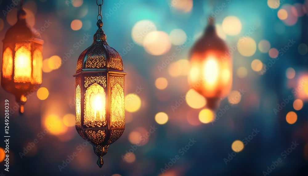 Ornate Metal Lanterns Glow in Dark Background with Warm Lighting