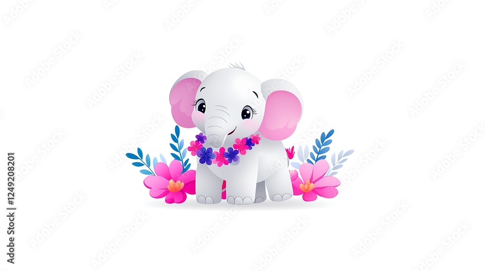 Cute Cartoon Elephant With Floral Necklace Cute Cartoon Elephant With Floral Necklace