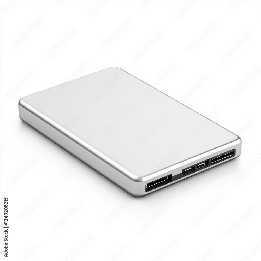Modern sleek silver power bank for charging devices, portable battery pack for electronic gadgets, isolated on white background Modern sleek silver power bank for charging devices, portable battery pack for electronic gadgets, isolated on white background