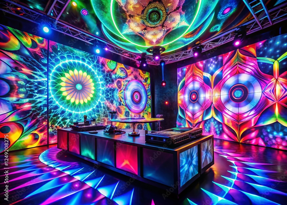 Fototapeta premium Vibrant Party DJ Booth with Kaleidoscopic Lighting Effects