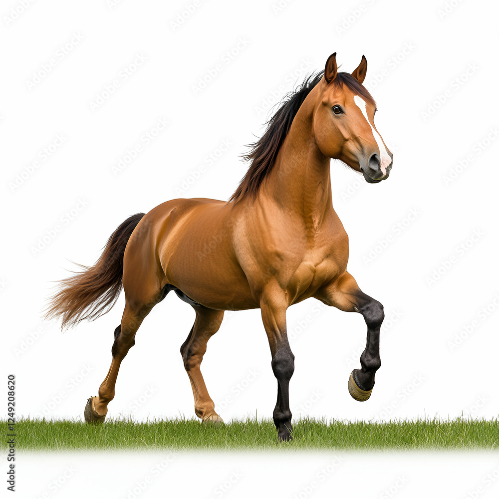 A stunning brown horse trots gracefully across a lush green meadow, showcasing its strength and elegance in motion. Perfect for animal lovers and equestrian enthusiasts. A stunning brown horse trots gracefully across a lush green meadow, showcasing its strength and elegance in motion. Perfect for animal lovers and equestrian enthusiasts.