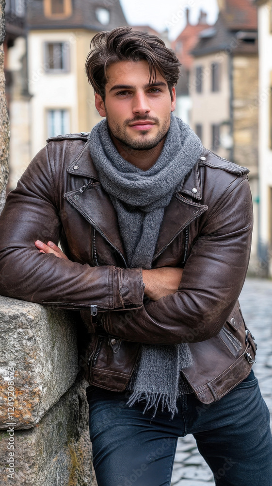 Man in a leather jacket and scarf, leaning casually on a stone wall in an old town Man in a leather jacket and scarf, leaning casually on a stone wall in an old town