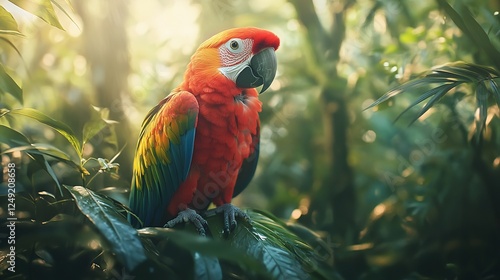 Wallpaper Mural Vibrant Colorful Parrot Gracefully Perched on a Branch Surrounded by Lush Green Foliage in a Tropical Rainforest Environment Evoking a Sense of Serenity and Natural Beauty in Wildlife Torontodigital.ca