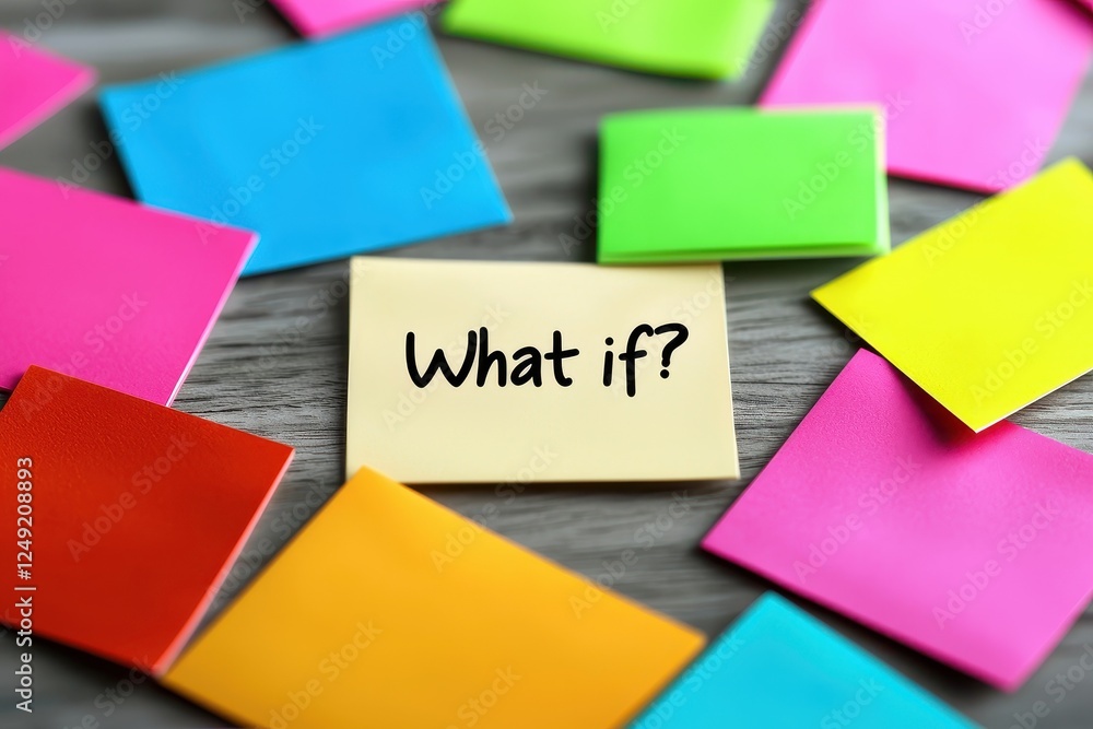 Challenge and change. Colorful sticky notes scattered with a central note asking Challenge and change. Colorful sticky notes scattered with a central note asking