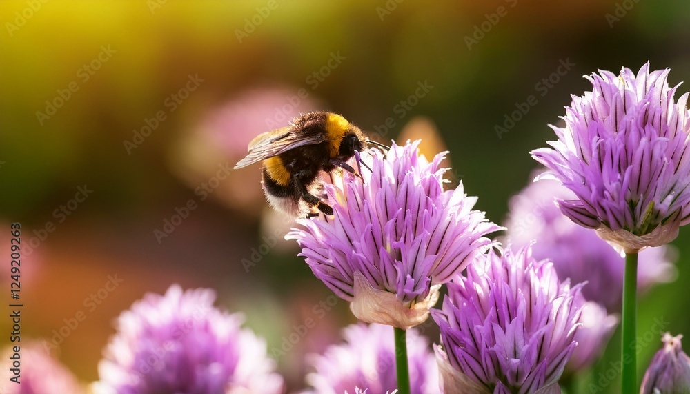 Bumblebee collects nectar from Purple Chives flowers, Allium schoenoprasum in the garden Bumblebee collects nectar from Purple Chives flowers, Allium schoenoprasum in the garden