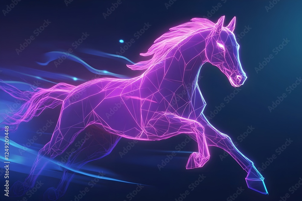Dynamic horse in mid-gallop, depicted in a low-poly wireframe style Dynamic horse in mid-gallop, depicted in a low-poly wireframe style
