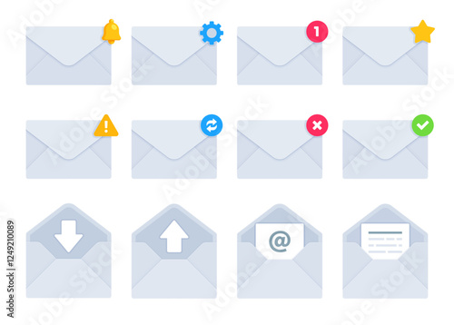 Set of grey email and message envelope icons with notification and status symbol. Digital communication, e-mail client, inbox management concept. Flat vector illustration isolated on white background