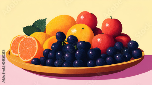 A vibrant fruit platter featuring a variety of fresh citrus fruits like oranges and lemons, alongside colorful apples and grapes, ideal for healthy eating themes and culinary visua photo