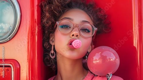 A young woman popping bubblegum, leaning against a bright red soda machine with her roller skates slung over her shoulder photo