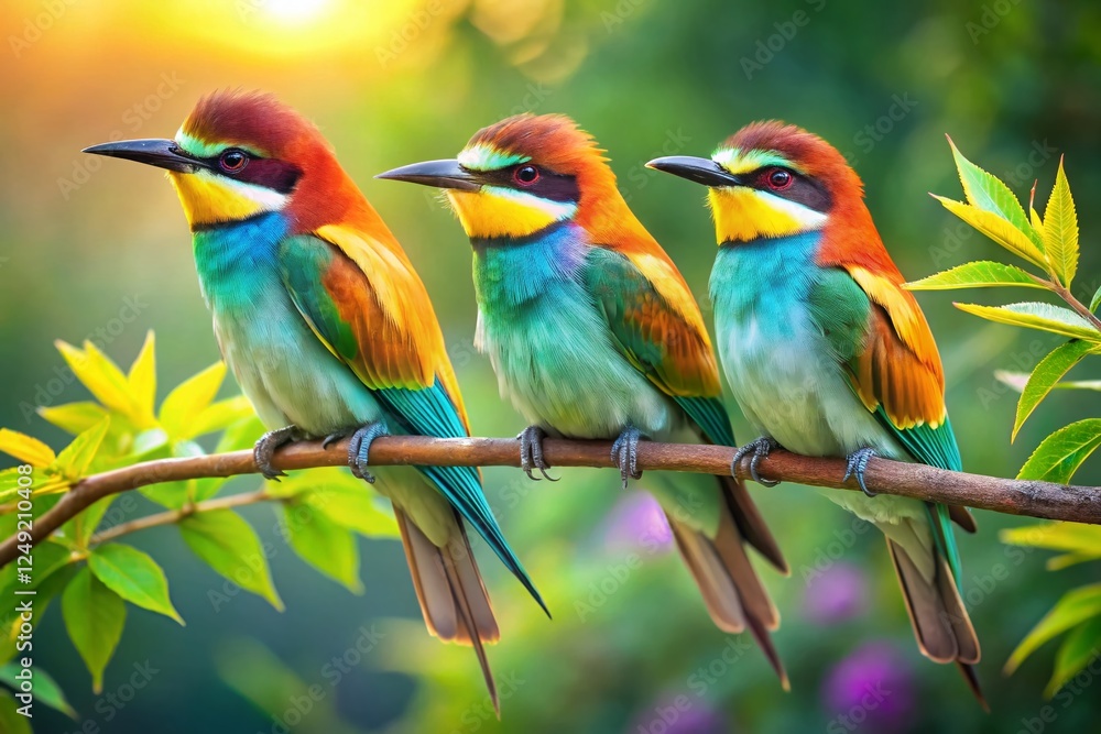 Fototapeta premium Vibrant Watercolor Birds on Branch - High-Resolution Stock Photo