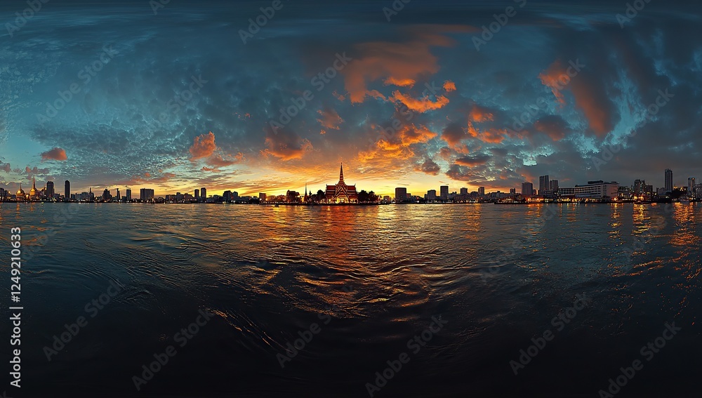 Fototapeta premium A panoramic view of Bangkok's River at dusk, with the iconic Wat Arun temple glowing