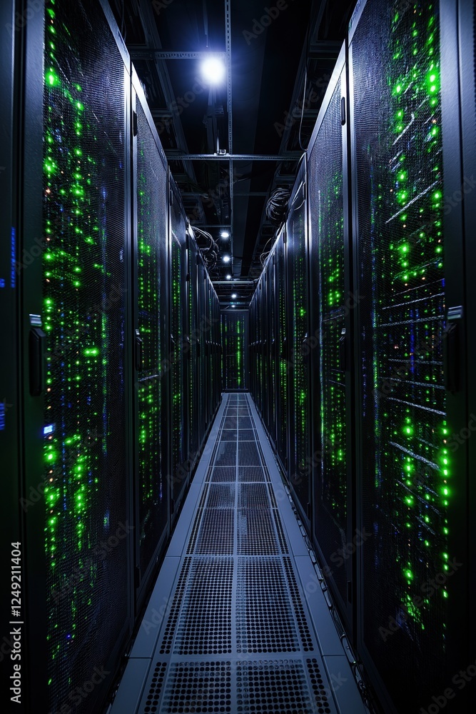 Fototapeta premium Advanced Data Center with High-Performance Servers Illuminated by Green LED Lights