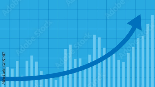 A bar chart with increasing bars and a large upward-curving arrow, symbolizing growth, success, or progress, displayed on a blue grid background
