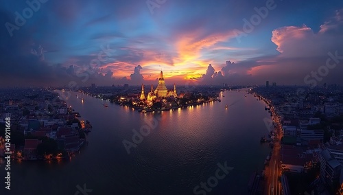 Wallpaper Mural A panoramic view of Bangkok's River at dusk, with the iconic Wat Arun temple glowing against an orange Torontodigital.ca