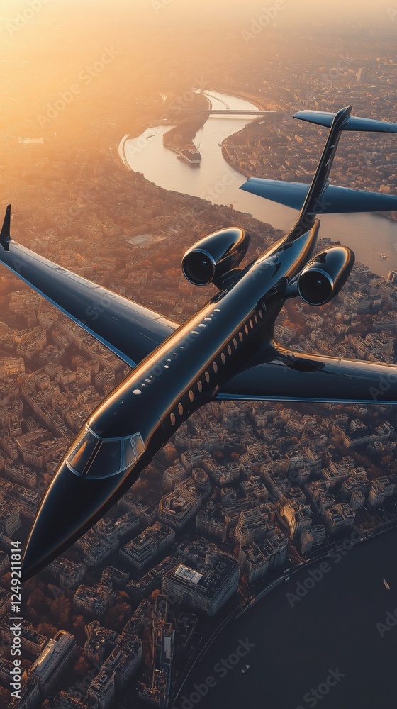 Stunning Aerial Shot of a Private Jet Flying Over a Scenic River with Golden Sunset Reflections Stunning Aerial Shot of a Private Jet Flying Over a Scenic River with Golden Sunset Reflections