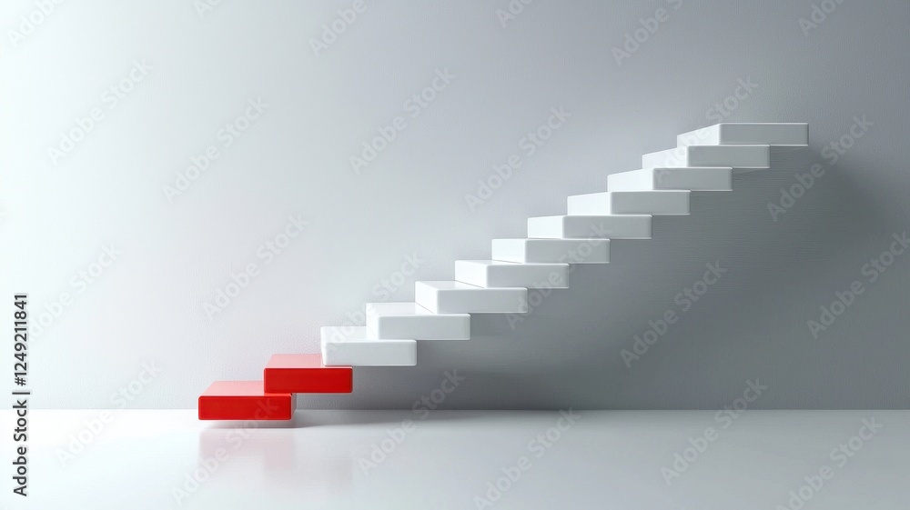 Challenge and change. Minimalist staircase design with a striking red step against a gray wall. Challenge and change. Minimalist staircase design with a striking red step against a gray wall.