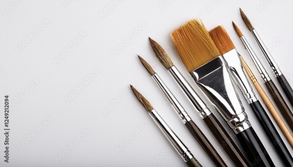 Art brushes on white background, paintbrushes on blank paper copy space Art brushes on white background, paintbrushes on blank paper copy space
