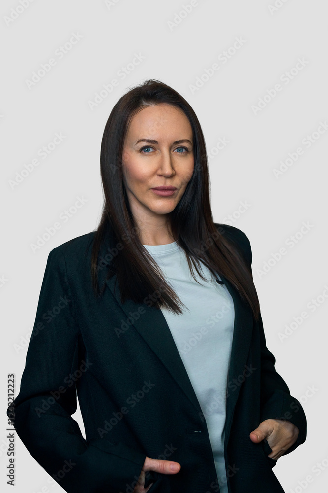 brunette in a suit on a white background brunette in a suit on a white background