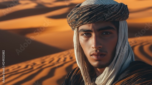 Portrait of a Middle Eastern man in the desert. A man in white Arab clothing, during the time of Jesus Christ. Biblical story. photo