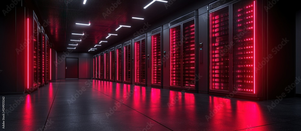 Fototapeta premium Futuristic Server Room with Red LED Lights and Modern Technology