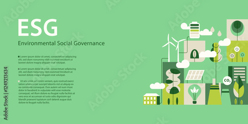 Environment, Social, Governance and sustainability development concept, geometry pattern, vector horizontal banner, ecology background with flat illustration