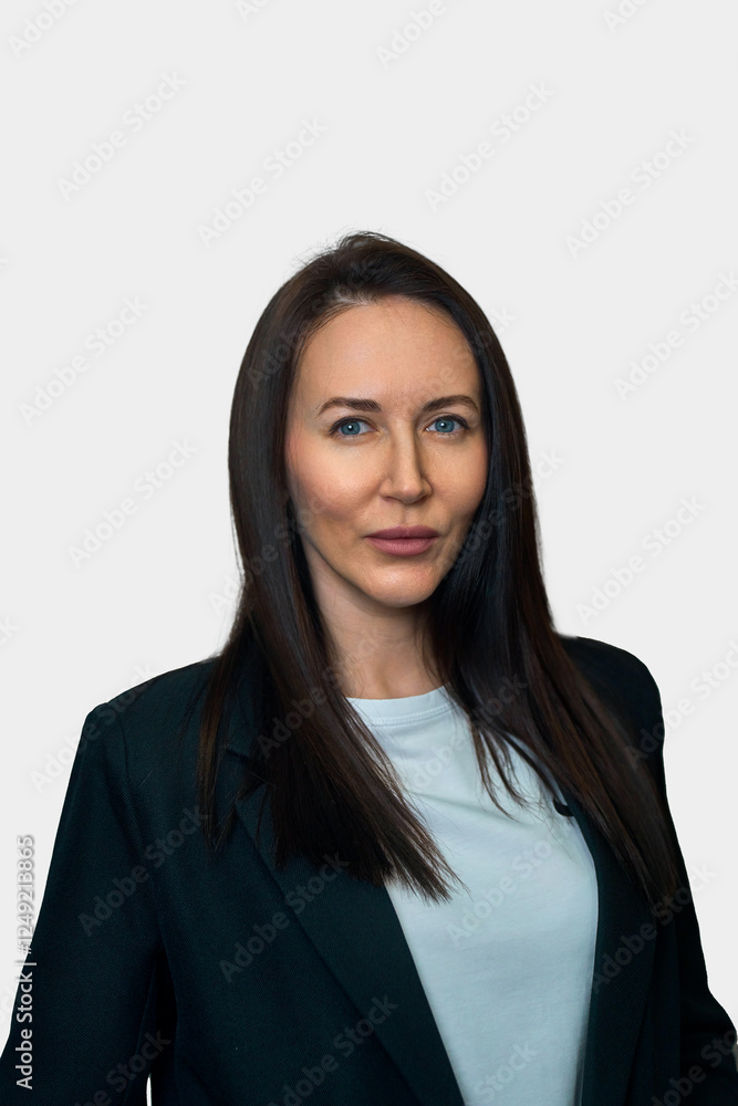brunette in a suit on a white background
